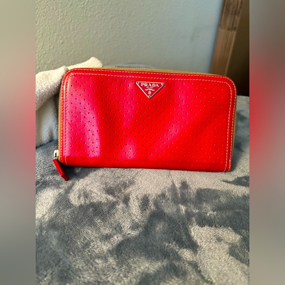 Prada Handbags - AUTHENTIC PRADA Logo Plate Punching Leather Zip Around Long Wallet Red